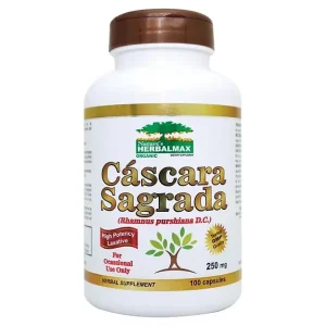 Cápsulas de Cáscara Sagrada 250mg de Natures Herbalmax para mantener un tránsito intestinal saludable y aliviar molestias digestivas.