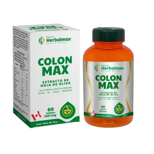 COLON MAX Extracto de Hoja de Oliva, Suplemento Digestivo, Cápsulas Blandas, Salud Digestiva, Magnesio, Aceite de Linaza, L-Glutamina, Extracto de Hoja de Olivo, Cáscara Sagrada, Anís, FHERBALMAX