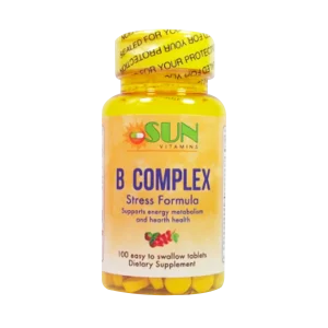 B COMPLEX TABLETAS X100, Complejo de Vitamina B, Salud del Corazón, Sistema Nervioso, Piridoxina HCL, Vitamina B1, Ácido Pantoténico, Vitamina B5, Riboflavina, Vitamina B2, Niacinamida, Vitamina B3, Ácido Fólico, Cianocobalamina, Vitamina B12, Biotina, SUN VITAMINS