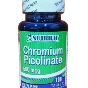 Chromium Picolinate, Nutrifit, 500mcg, tabletas, control de azúcar en sangre, pérdida de peso, reducción de colesterol, deficiencia de cromo, suplemento dietético, frasco por 100 tabletas, administración diaria.