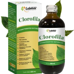 Clorofila, solución oral, Labmac, 500ml, sistema inmunológico, sistema digestivo, anemia, mal aliento, colesterol alto, presión arterial alta, función hepática, reducción de hongos, eliminación de toxinas, extracto de alfalfa, dosificación diaria.
