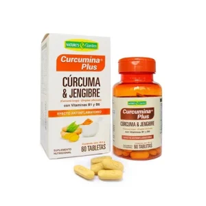 Curcumina Plus Tabletas x60 Natures Garden, efecto antiinflamatorio, cúrcuma, jengibre, tiamina, antiaglutinante, suplemento natural, alivio de la inflamación, dosis recomendada.